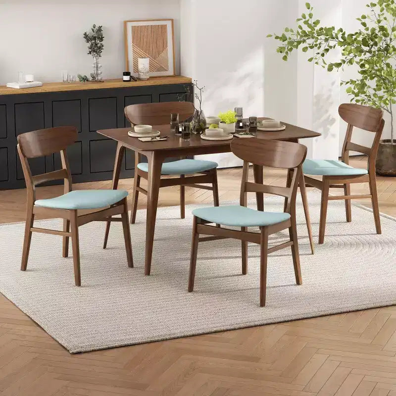 Small Space Dining Set for 4, 5 Pieces Rectangular Solid Wood Table Set with 4 Upholstered Chairs for Kitchen, Mint,Walnut
