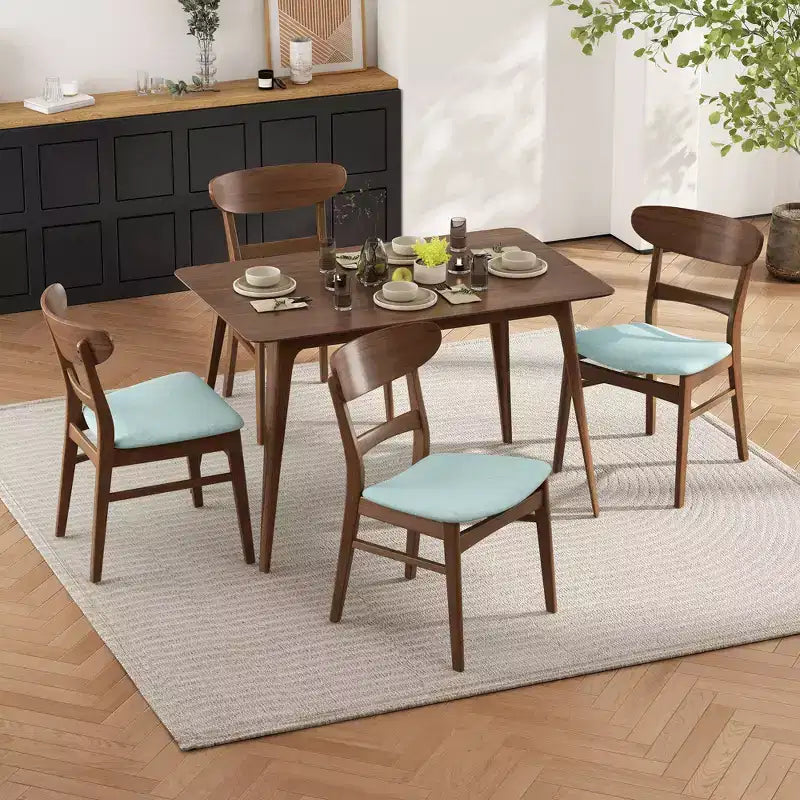 Ensemble de salle à manger compact pour 4 personnes, 5 pièces, table rectangulaire en bois massif avec 4 chaises rembourrées pour cuisine, vert menthe, noyer