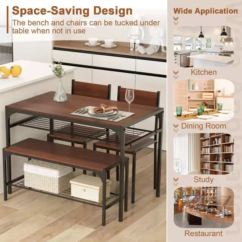 Ensemble de table à manger Costway pour 4 personnes, table rectangulaire avec 2 chaises, 1 banc, étagères de rangement, marron rustique/gris/marron