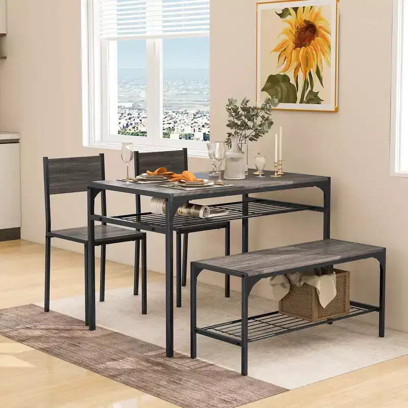 Ensemble de table à manger Costway pour 4 personnes, table rectangulaire avec 2 chaises, 1 banc, étagères de rangement, marron rustique/gris/marron