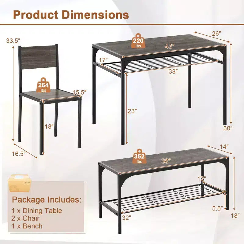 Ensemble de table à manger Costway pour 4 personnes, table rectangulaire avec 2 chaises, 1 banc, étagères de rangement, marron rustique/gris/marron