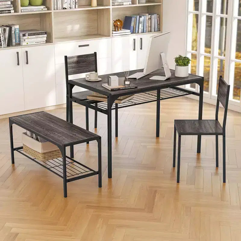 Ensemble de table à manger Costway pour 4 personnes, table rectangulaire avec 2 chaises, 1 banc, étagères de rangement, marron rustique/gris/marron
