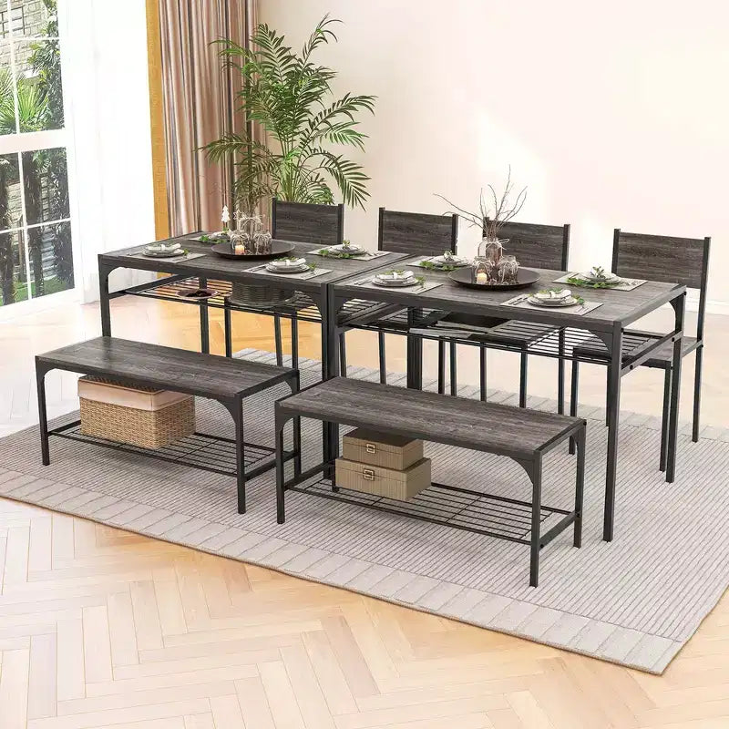 Ensemble de table à manger Costway pour 4 personnes, table rectangulaire avec 2 chaises, 1 banc, étagères de rangement, marron rustique/gris/marron
