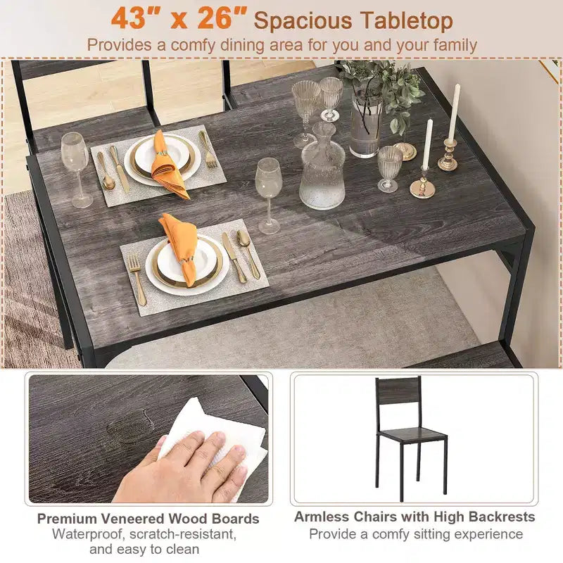 Ensemble de table à manger Costway pour 4 personnes, table rectangulaire avec 2 chaises, 1 banc, étagères de rangement, marron rustique/gris/marron