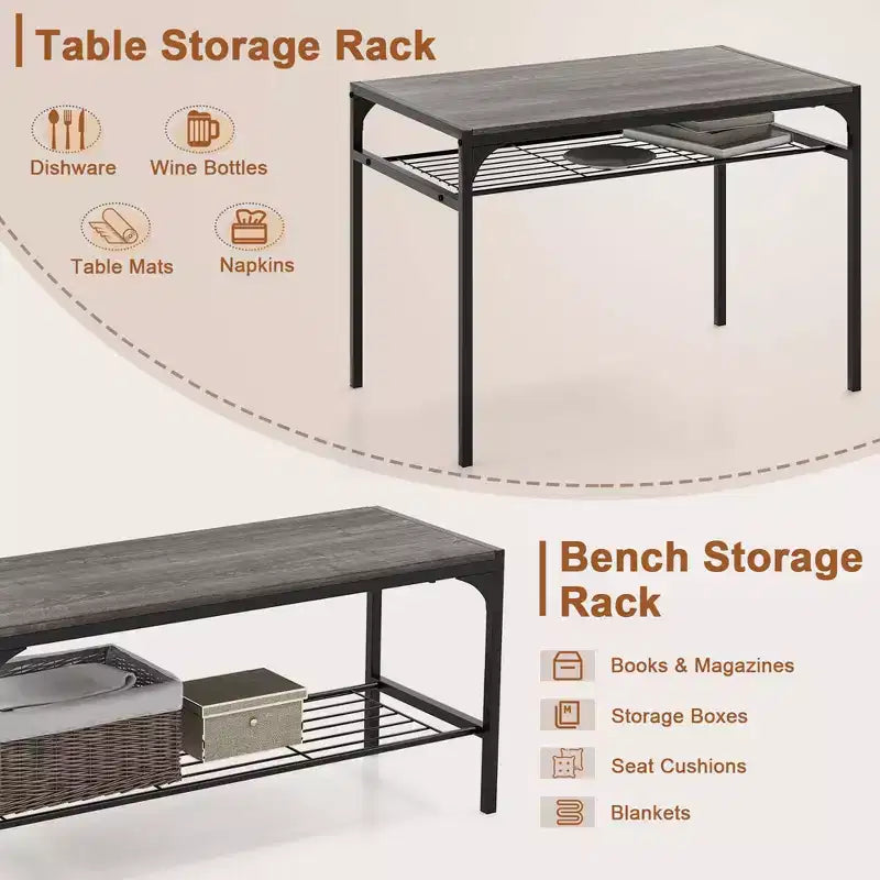 Ensemble de table à manger Costway pour 4 personnes, table rectangulaire avec 2 chaises, 1 banc, étagères de rangement, marron rustique/gris/marron