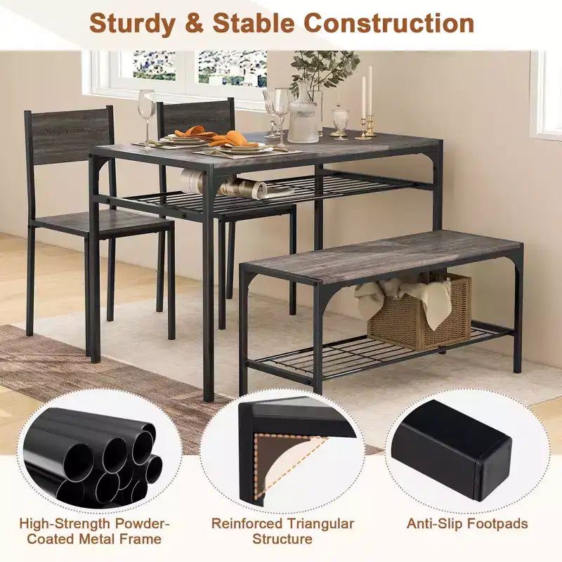 Ensemble de table à manger Costway pour 4 personnes, table rectangulaire avec 2 chaises, 1 banc, étagères de rangement, marron rustique/gris/marron