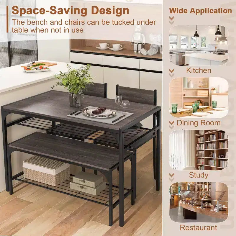 Ensemble de table à manger Costway pour 4 personnes, table rectangulaire avec 2 chaises, 1 banc, étagères de rangement, marron rustique/gris/marron