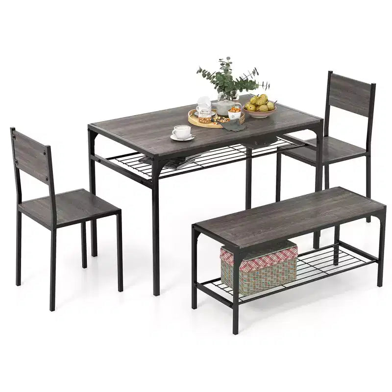 Ensemble de table à manger Costway pour 4 personnes, table rectangulaire avec 2 chaises, 1 banc, étagères de rangement, marron rustique/gris/marron