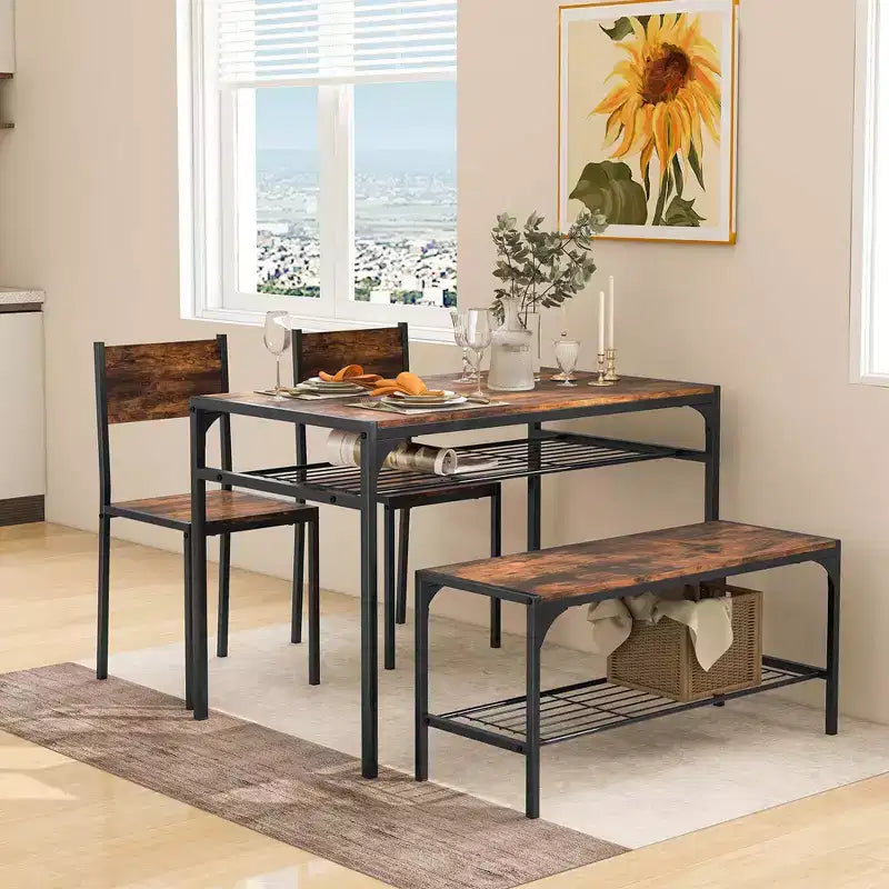 Ensemble de table à manger Costway pour 4 personnes, table rectangulaire avec 2 chaises, 1 banc, étagères de rangement, marron rustique/gris/marron