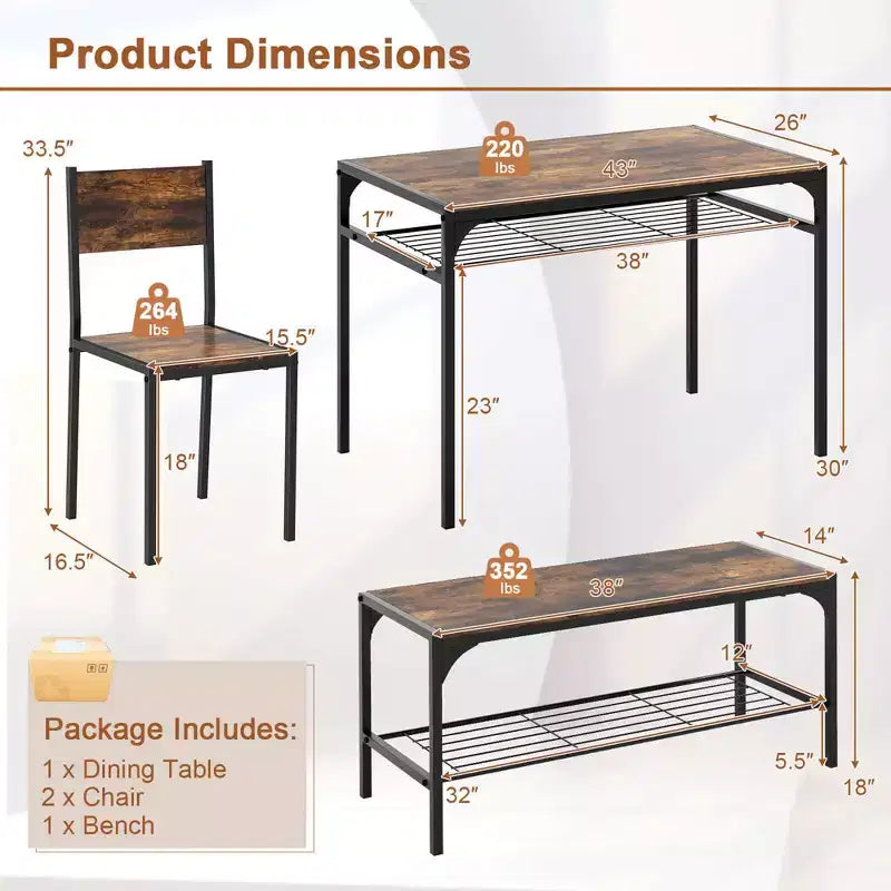 Ensemble de table à manger Costway pour 4 personnes, table rectangulaire avec 2 chaises, 1 banc, étagères de rangement, marron rustique/gris/marron