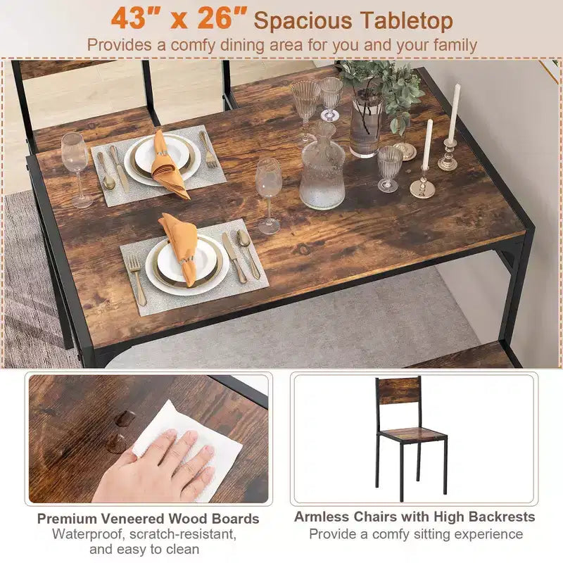 Ensemble de table à manger Costway pour 4 personnes, table rectangulaire avec 2 chaises, 1 banc, étagères de rangement, marron rustique/gris/marron