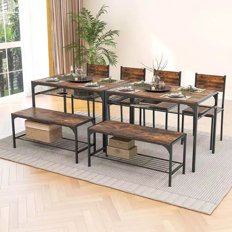 Ensemble de table à manger Costway pour 4 personnes, table rectangulaire avec 2 chaises, 1 banc, étagères de rangement, marron rustique/gris/marron