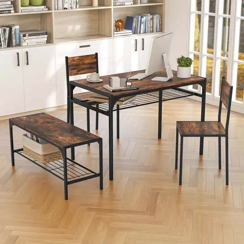 Ensemble de table à manger Costway pour 4 personnes, table rectangulaire avec 2 chaises, 1 banc, étagères de rangement, marron rustique/gris/marron