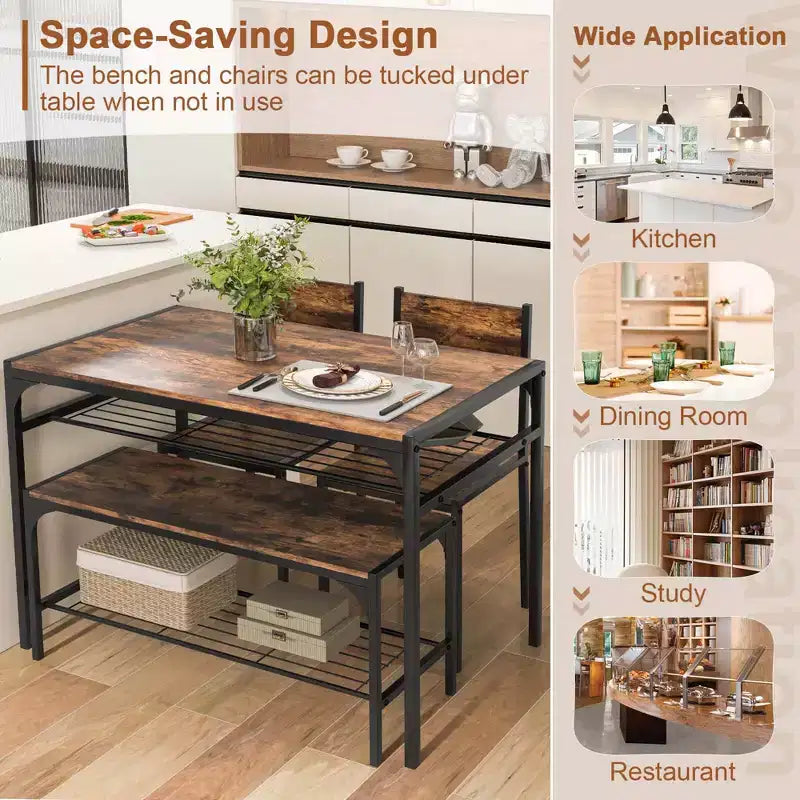 Ensemble de table à manger Costway pour 4 personnes, table rectangulaire avec 2 chaises, 1 banc, étagères de rangement, marron rustique/gris/marron
