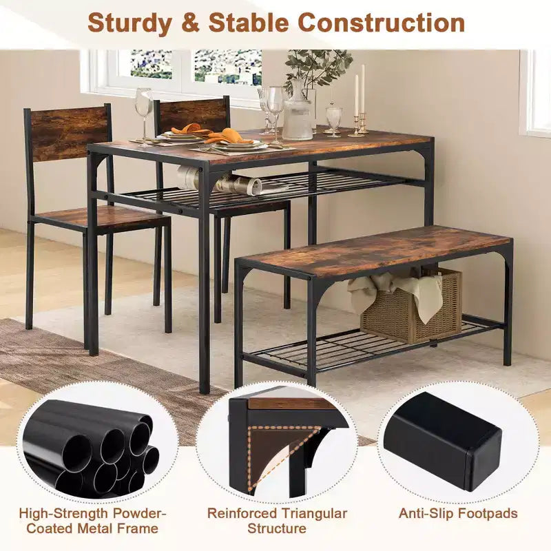 Ensemble de table à manger Costway pour 4 personnes, table rectangulaire avec 2 chaises, 1 banc, étagères de rangement, marron rustique/gris/marron