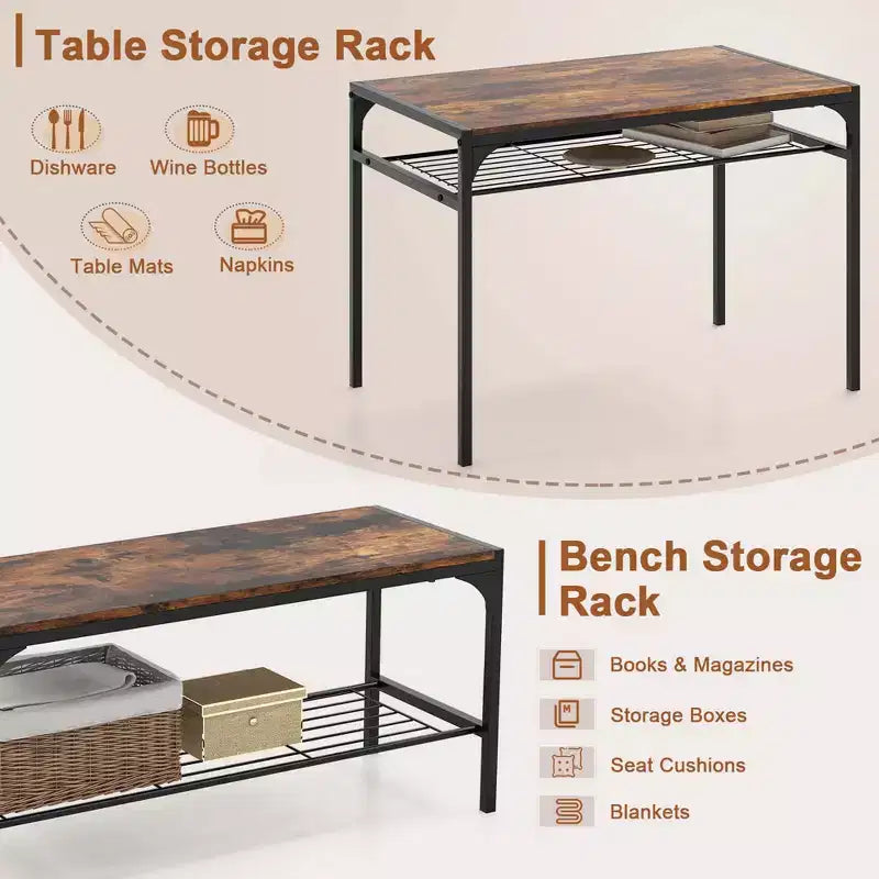 Ensemble de table à manger Costway pour 4 personnes, table rectangulaire avec 2 chaises, 1 banc, étagères de rangement, marron rustique/gris/marron