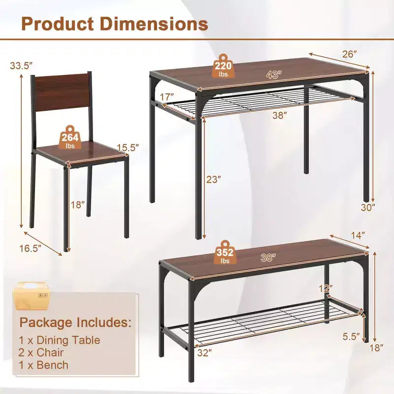 Ensemble de table à manger Costway pour 4 personnes, table rectangulaire avec 2 chaises, 1 banc, étagères de rangement, marron rustique/gris/marron