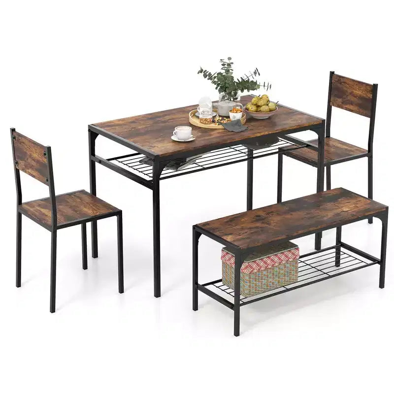 Ensemble de table à manger Costway pour 4 personnes, table rectangulaire avec 2 chaises, 1 banc, étagères de rangement, marron rustique/gris/marron