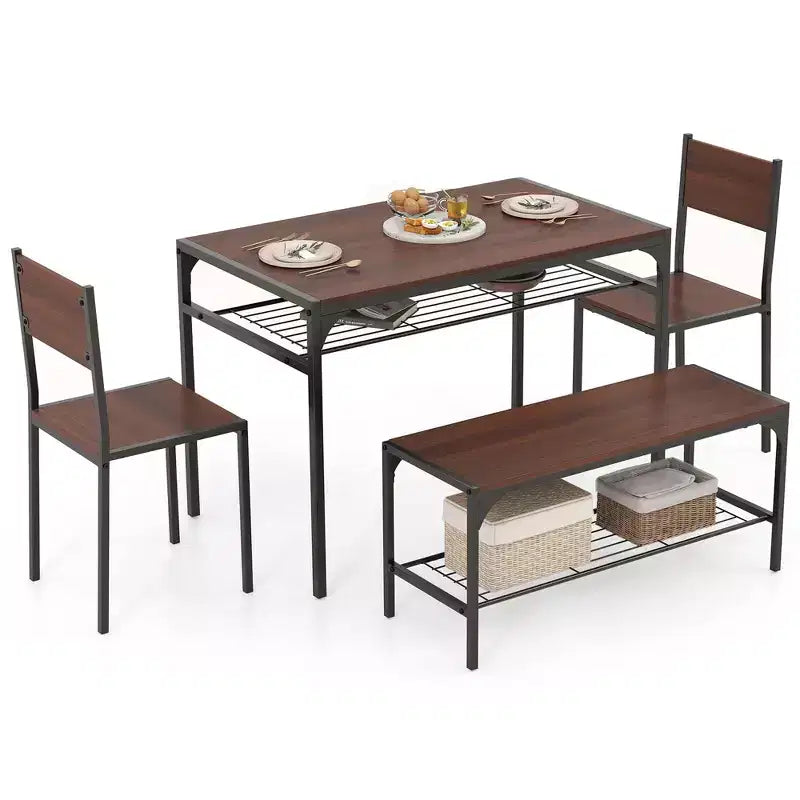 Ensemble de table à manger Costway pour 4 personnes, table rectangulaire avec 2 chaises, 1 banc, étagères de rangement, marron rustique/gris/marron