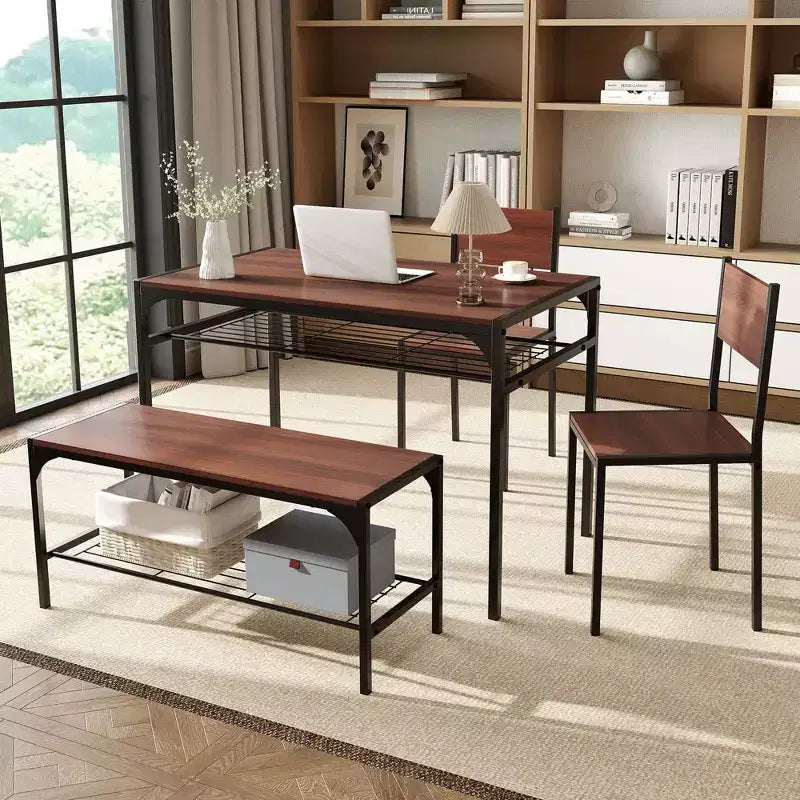 Ensemble de table à manger Costway pour 4 personnes, table rectangulaire avec 2 chaises, 1 banc, étagères de rangement, marron rustique/gris/marron