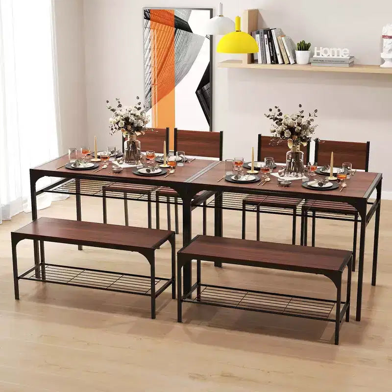 Ensemble de table à manger Costway pour 4 personnes, table rectangulaire avec 2 chaises, 1 banc, étagères de rangement, marron rustique/gris/marron