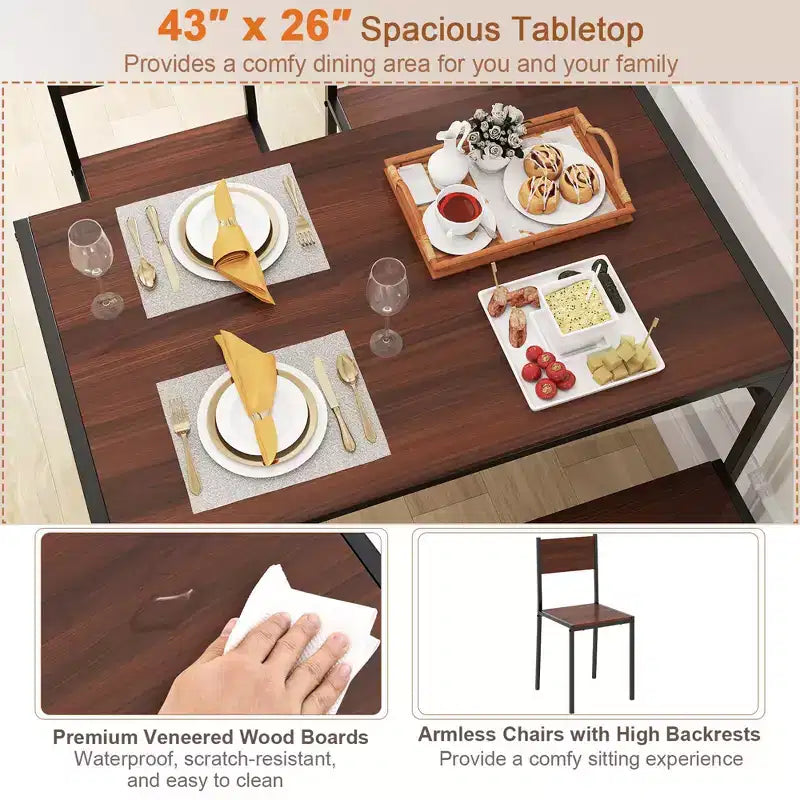 Ensemble de table à manger Costway pour 4 personnes, table rectangulaire avec 2 chaises, 1 banc, étagères de rangement, marron rustique/gris/marron