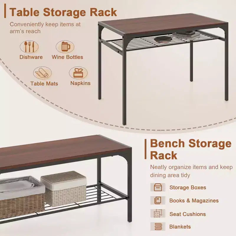 Ensemble de table à manger Costway pour 4 personnes, table rectangulaire avec 2 chaises, 1 banc, étagères de rangement, marron rustique/gris/marron