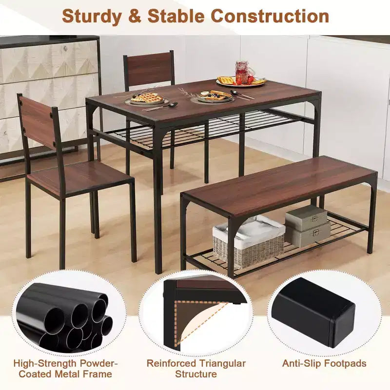 Ensemble de table à manger Costway pour 4 personnes, table rectangulaire avec 2 chaises, 1 banc, étagères de rangement, marron rustique/gris/marron