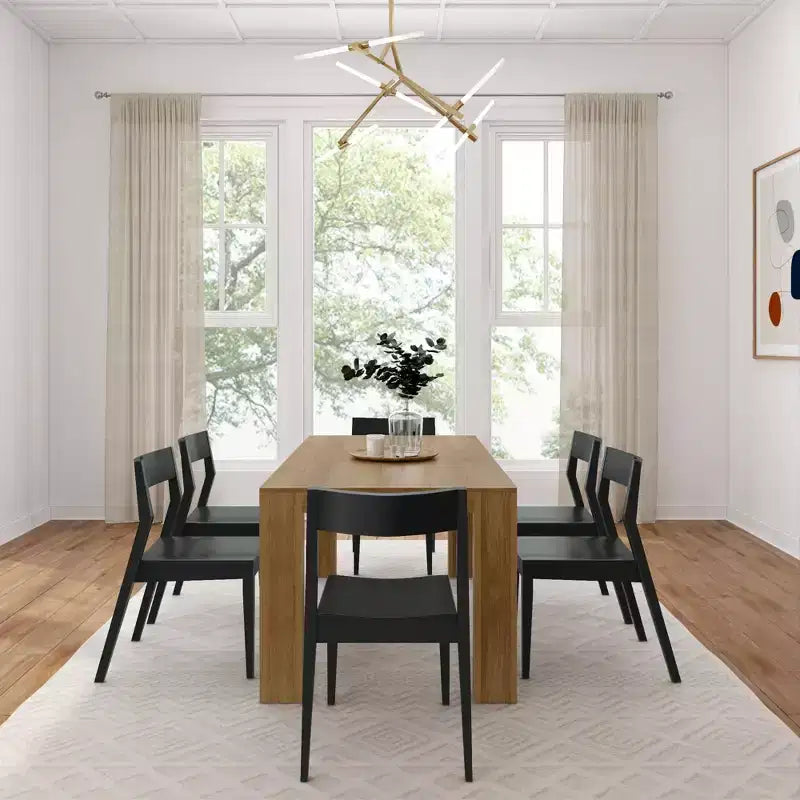 Ensemble de table à manger Plank+Beam 72 Modern en bois massif, brosse métallique noire, + 6 chaises