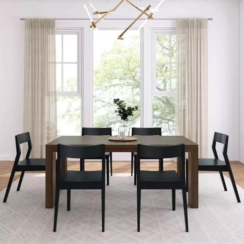 Ensemble de table à manger Plank+Beam 72 Modern en bois massif, brosse métallique noire, + 6 chaises