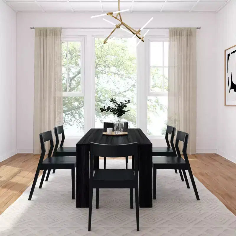 Ensemble de table à manger Plank+Beam 72 Modern en bois massif, brosse métallique noire, + 6 chaises